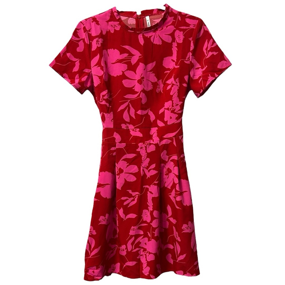 Red and Pink Fit and Flare Mini Dress with Crew Neck